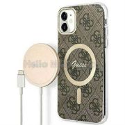 Apple Iphone 11 GUESS arany logkkal dsztett MagSafe htlap, barna  + Wiriless tlt