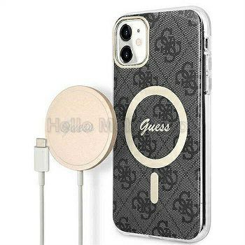 Apple Iphone 11 GUESS arany logkkal dsztett MagSafe htlap, fekete + Wiriless tlt