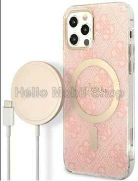 Apple Iphone 12/12 Pro 6.1" GUESS arany logkkal dsztett MagSafe htlap, rzsaszn + Wiriless tlt